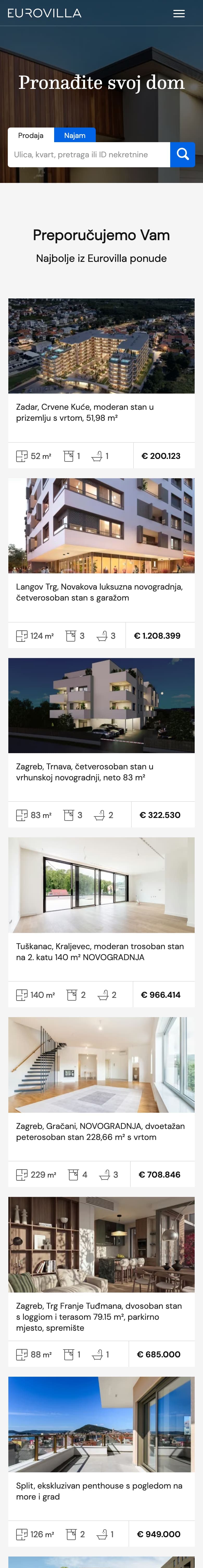 Eurovilla — web stranica (mobile)