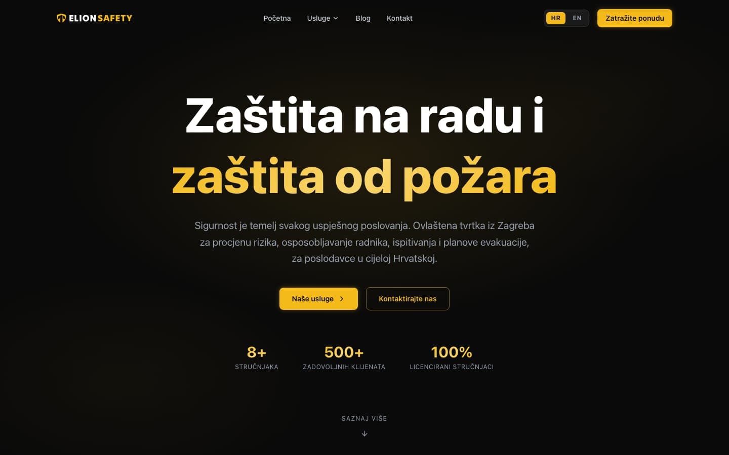 Elion Safety, web stranica (desktop)